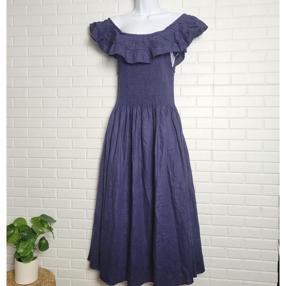Hill House Home Akilah Nap Dress XL Navy Blue Linen Smocked Ruffle Maxi